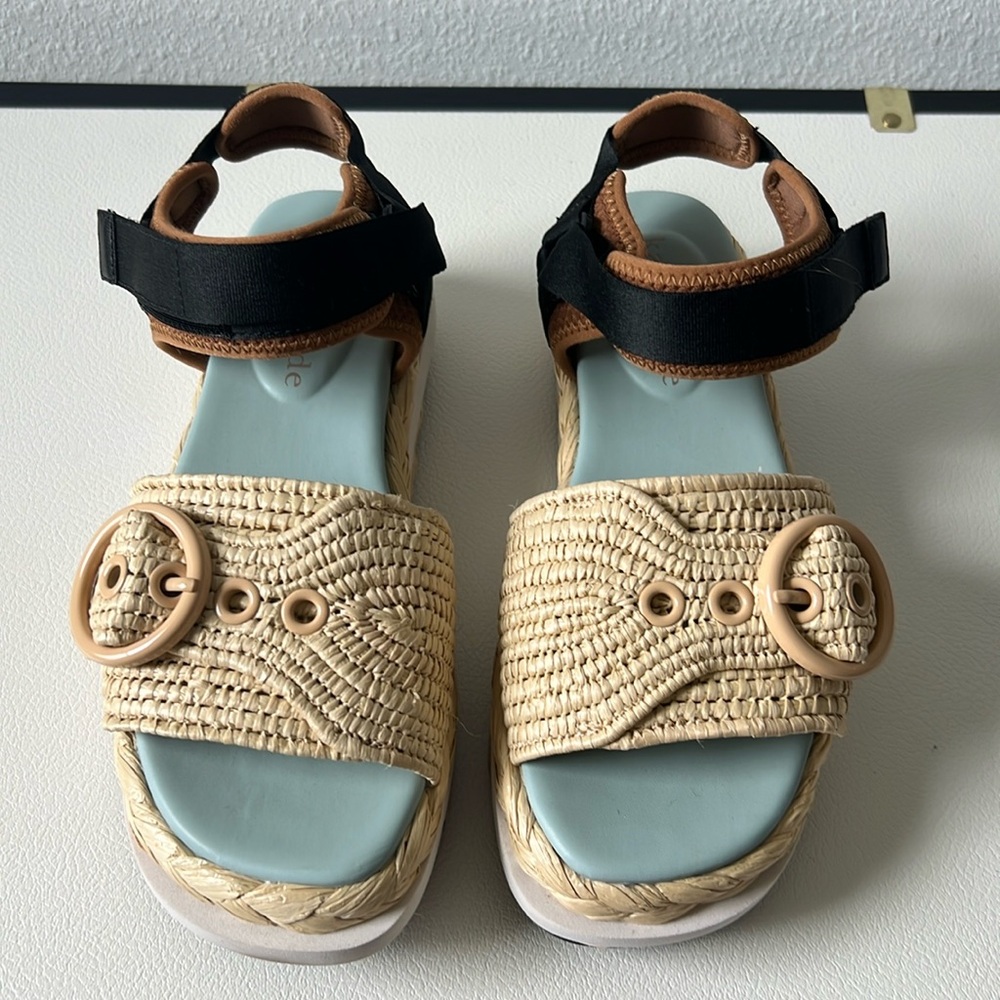 kate spade Beige Raffia Platform Sandals with Black & Light Blue Accents